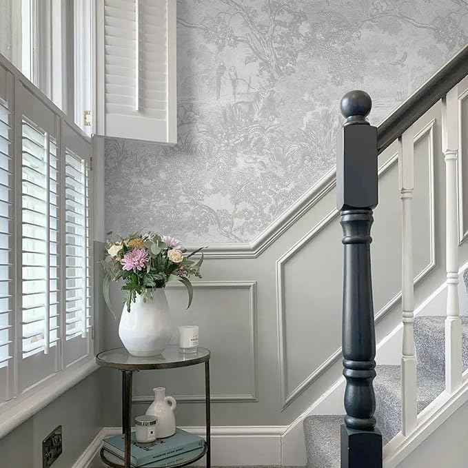 Ismoon Gray Peel and Stick Wallpaper Neutral Wall Paper 17.3in×6.56ft Vintage Removable Self-Adhesive Wallpaper Animals Jungle Contact Paper for Cabinets Bathroom Walls Covering Vinyl Roll