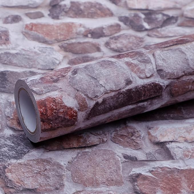 Stone Brick Wallpaper Peel and Stick Backsplash Self-Adhesive Removable Vinyl Pink Faux 3D Stone Look Wall Paper Faux Home Decorations 23.6" X 393"