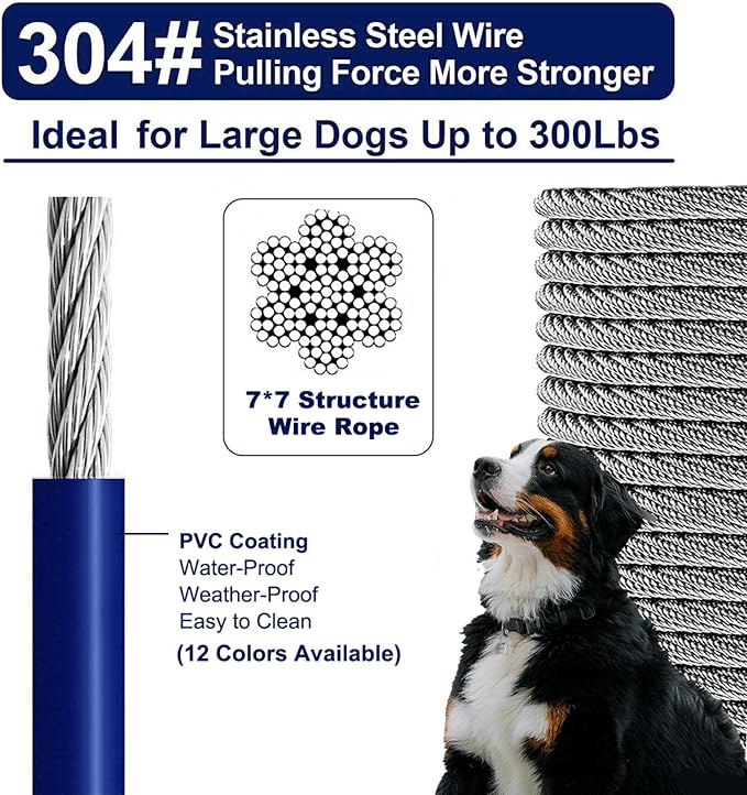 Tie Out Cable for Dogs Up to 300lbs,75ft Extra Strong 1000lbs Break Strength Tie-Out Tether Trolley Training Lead,Dog Run Cable for Yard Garden Park Camping Outside (Blue, 300lbs 75ft)