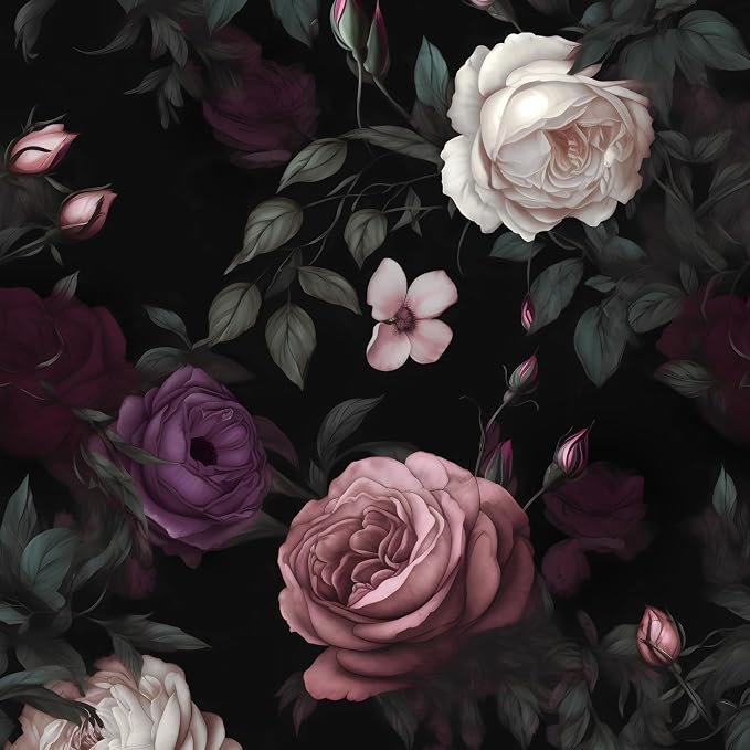 Fvlow Pink Rose Dark Floral Peel and Stick Wallpaper 17.4" x 118" | Renter Friendly, Removable & Waterproof, Vinyl Easy Install for Bedrooms, Bathrooms, Kitchens, Cabinets and Home Decor