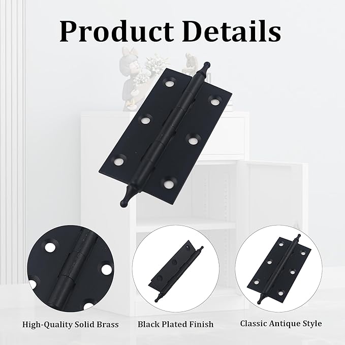 3 Inch Antique Style Solid Brass Butt Hinges with Ball Finials, Black Plated Butt Hinges with for Furniture Cabinet Drawer Door, 2PCS
