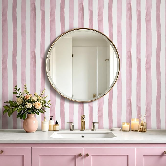 Pink Striped Wallpaper Peel and Stick Stripe Wallpaper Pink and White Striped Contact Paper Stripes Watercolor Stripe Prepasted Bathroom Adhesive Cute Girls Room Girl Girly Removable 17.5x80 HelloWall