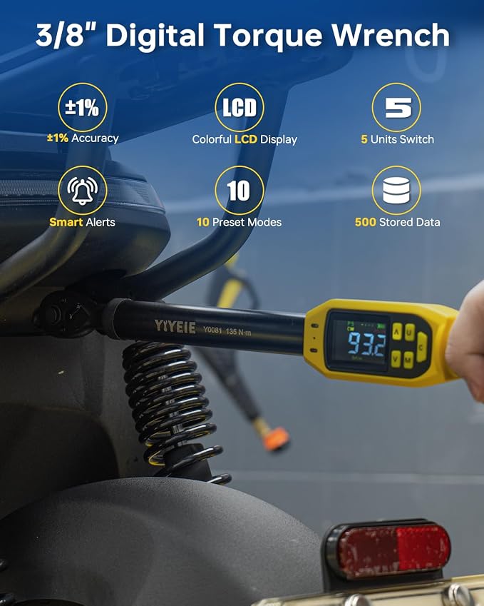 Digital Torque Wrench 3/8" Drive, 5-99.5 Ft-lb/6.7-135 N.m (±1% Accuracy) | Buzzer and LED Alert, Electric Torque Wrench Digital with Adapter, 2 Extension Bars - Reach Tight Space, for Bike/Moto/Auto
