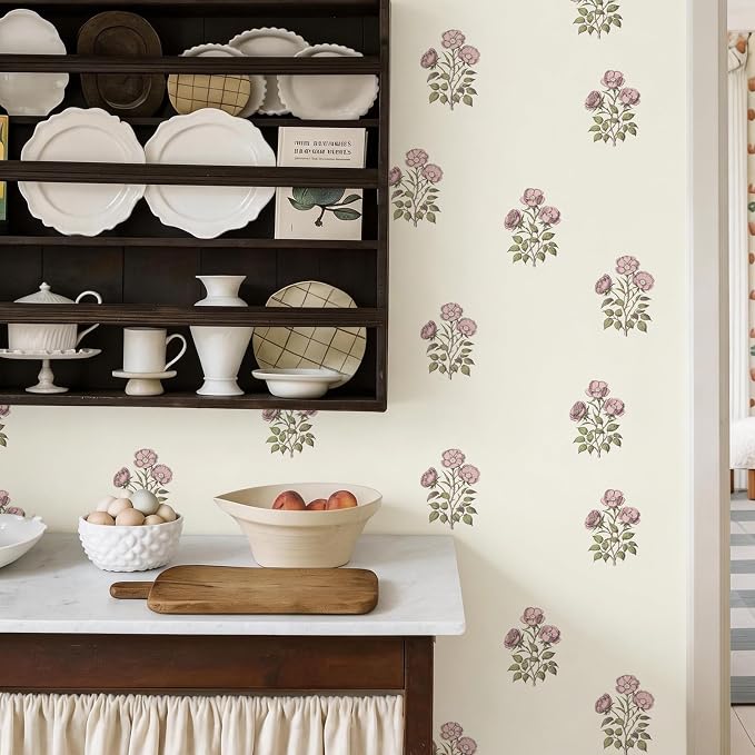Beige Floral Wallpaper Vintage Rose Peel and Stick Wallpaper Waterproof Contact Paper Removable Self Adhesive Drawer Liner Decoration Paper for Walls - 17.3”×196.8”