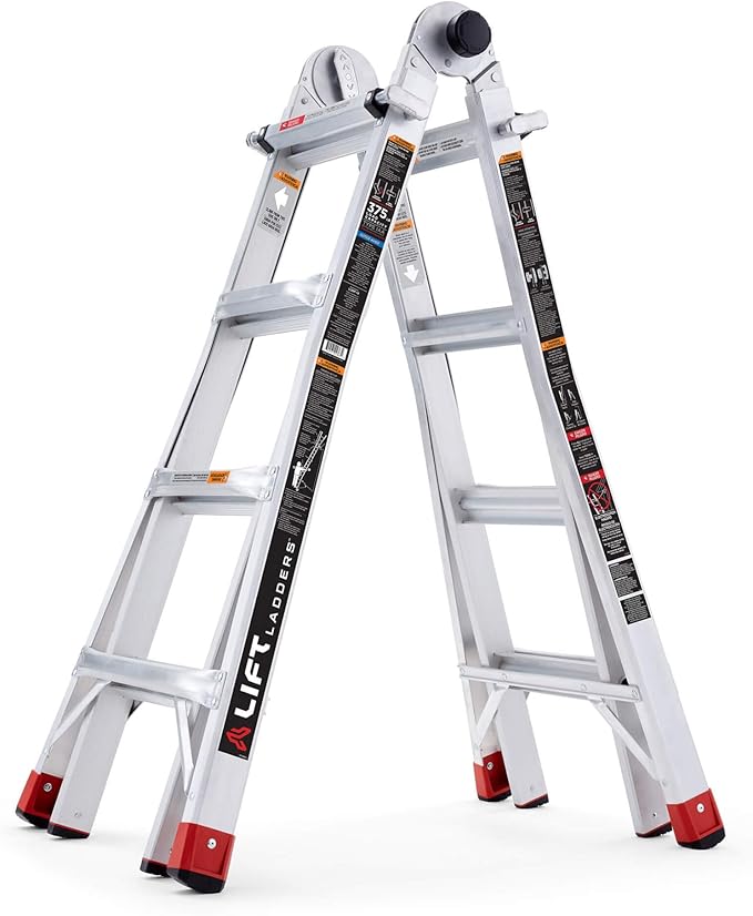 Lift Ladders Aluminum Step Ladder, 5-in-1 Multi-Position Frame, 18 Ft Reach, Silver - Extendable Indoor and Outdoor Equipment for Home, Kitchen, Office, and Garage - Portable and Lightweight