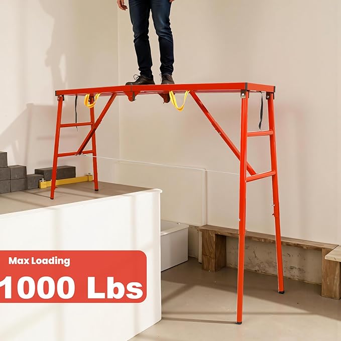 Adjustable Work Platform Ladder for Stairs - 1000 LBS Heavy Duty Folding Scaffold with 5 Height Settings (27"-57") for Professional Painting & Construction, Tool-Free Setup, Anti-Slip Surface