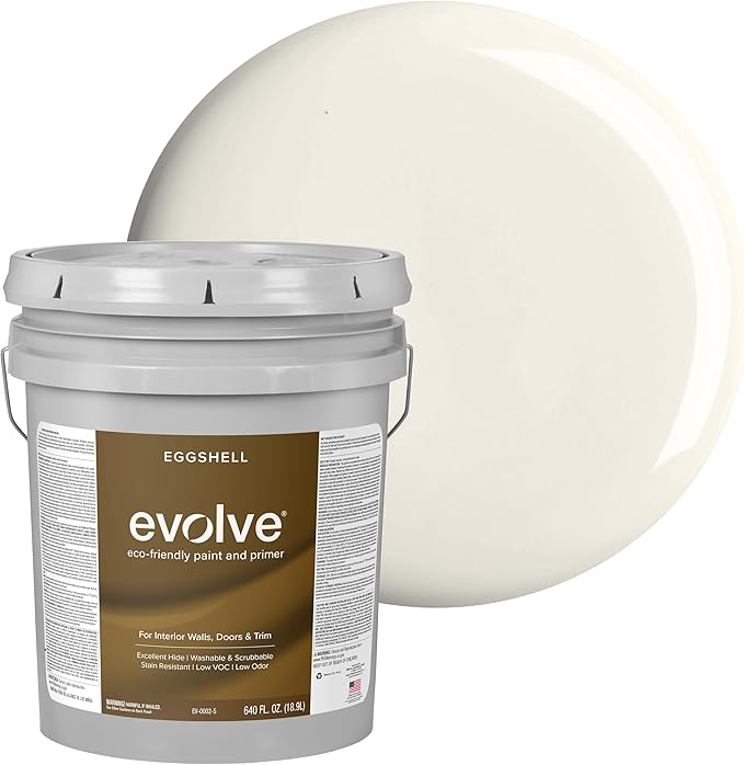 EVOLVE Interior Paint & Primer, Eggshell (Alabaster White), 5 Gallon – One-Coat Coverage, Excellent Hide, Low VOC, Low Odor, Washable Paint for Walls, Doors & Trim
