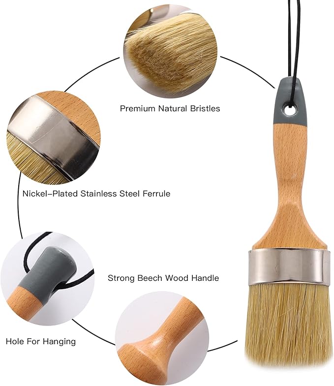 Mister Rui Chalk Wax Paint Brush 3 pcs, Large Wax Brush, Brushes for Furniture, Acrylic Paint, Milk Paint, Natural Bristles, 1 Small Round Brush and 2 Large Oval Brushes