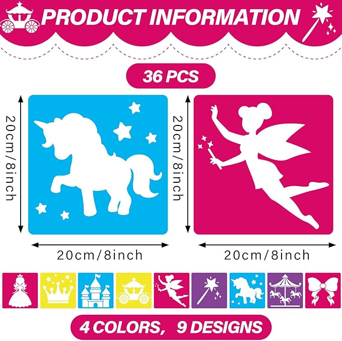 36pcs Princess Drawing Stencils 8 Inch Sidewalk Chalk Stencils Painting Large Washable Reusable Garden Theme Princesses Fairies Primary Shape Template
