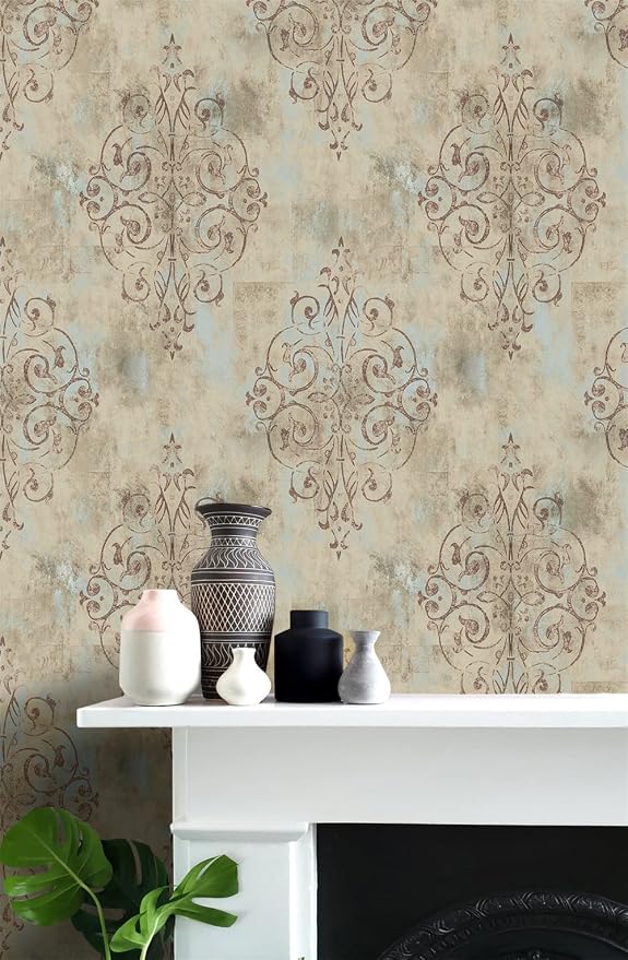 HAOKHOME Vintage French Damask Peel and Stick Wallpaper Deep Yellow/Mist Blue/Brown Vinyl Self Adhesive Wall Paper Design for Walls Bathroom Bedroom Home Decor 17.7in x 9.8ft