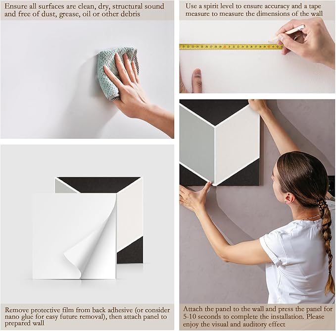 12Pack Acoustic Panels, Self-Adhesive Sound Proof Panels for Walls, Decorative 3D Textured Printing Sound Dampening Panels Sound Absorption Tiles for Studio, Office, Home, 12×12×0.4", Black and White
