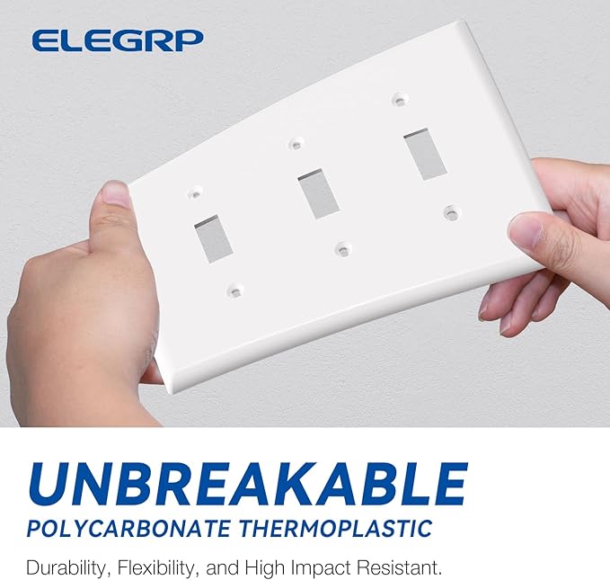 ELEGRP 3-Gang Toggle Switch Wall Plates, Standard Size 4.53" H x 6.39" L Thermoplastic Faceplate Cover for Toggle Dimmer Light Switches, UL Listed (2 Pack, Glossy White)