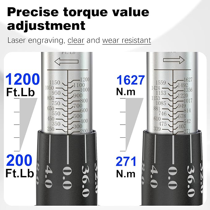 SuZhi 1 Inch Drive Torque Wrench 200-1200 FT.LB / 271-1627 N.M/Aluminum Alloy handle & Cr-Mo Material Head, Heavy Duty, Professional,Dual Direction, Store in Solid Case