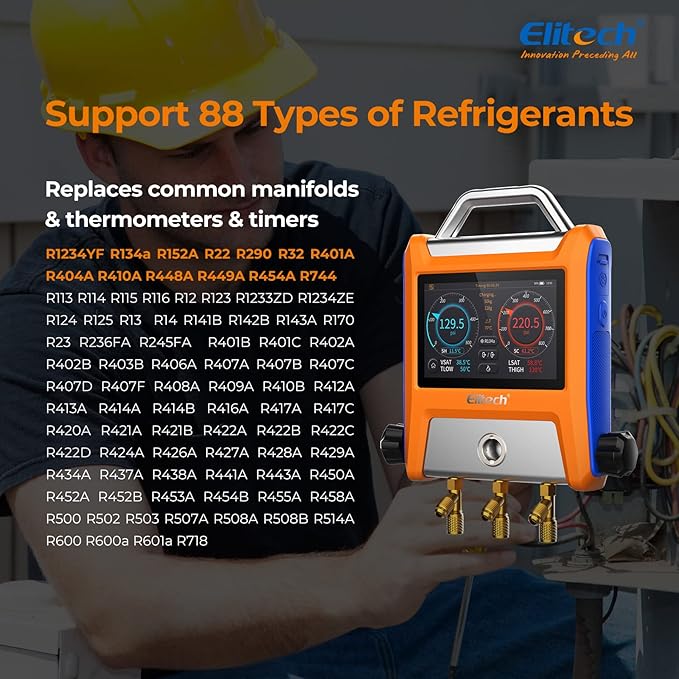 Elitech EMG-20V Intelligent HVAC Digital Manifold Gauge Three Port with Vaccum Sensor Thermometer Clamps Hoses