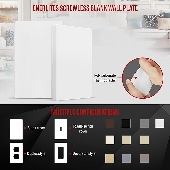ENERLITES Screwless Blank Wall Plate, Child Safe Blank Device Outlet Cover, Standard Size, 1-Gang 4.68" x 2.93", Polycarbonate Thermoplastic, UL Listed, SI8801-W-10PCS, Glossy, White, 10 Pack