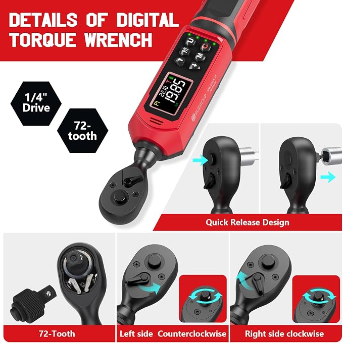 1/4" Digital Torque Wrench, 0.33-22.1Ft.Lb/0.45-30N.m, for Bicycle | ±1% Accuracy Electronic Torque Wrench with Vibration/Buzzer/LED Flash, 9 Presets & 5 Units, for Carbon Bike & Moto Assembly