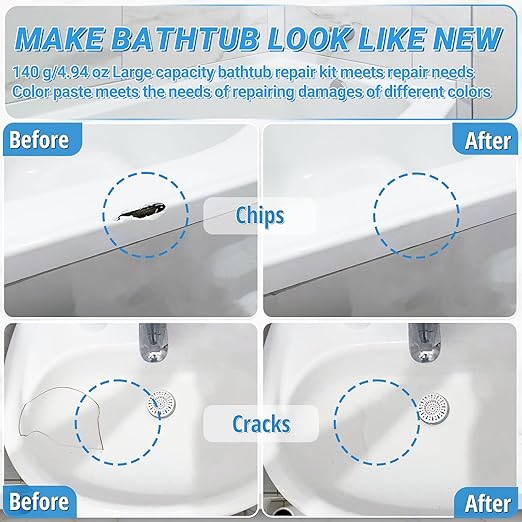 Bathtub Repair Kit 4.94oz (Color Match), TUFINEIN Porcelain Repair Kit for Fiberglass, Enamel, Ceramic, Acrylic Repair and Fix Chips, Cracks, Scratches, Holes on Tub/Tile/Sink/Shower Tray/Shower