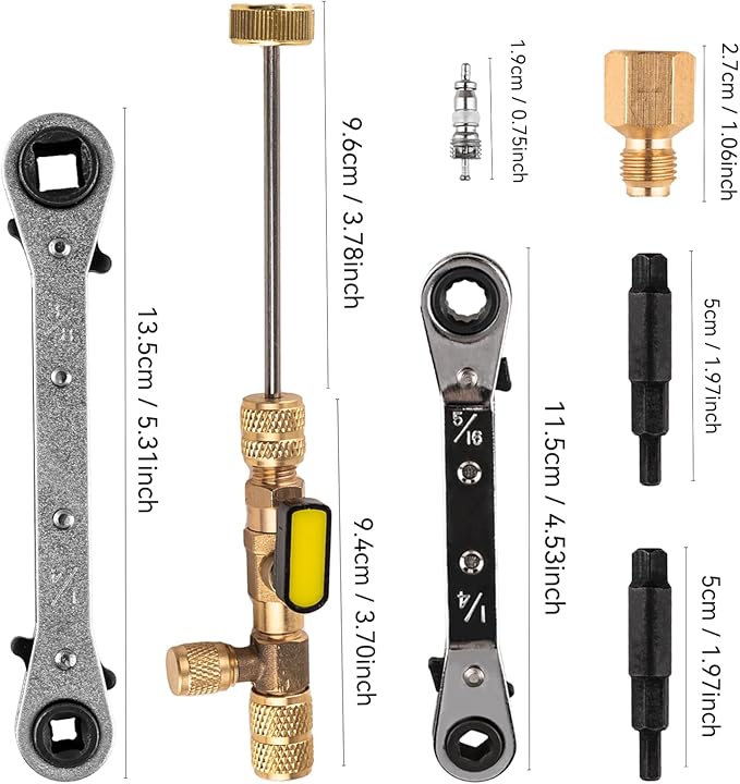 jiouxip Valve Core Remover Installer Tool and HVAC Service Wrench Set with Hex Bit Adapters, Dual Size SAE 1/4 to 5/16 Port, 5/16'', 3/8'' Refrigeration Service Wrench, 10 Valve Core