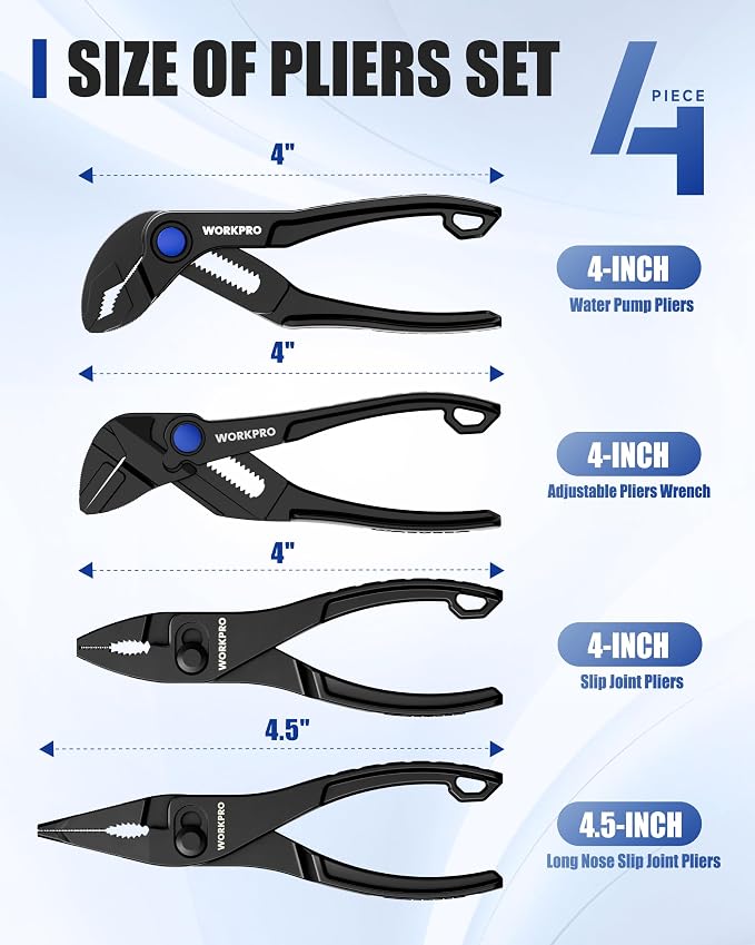 WORKPRO 4-Piece Mini Pliers Set with Pouch, Pocket Pliers, EDC Tool Gift | 4-Inch Plier Wrench, Slip Joint Plier, Water Pump Plier, 4.5-Inch Long Nose Slip Joint Plier, Alloy Steel, Anti-Rust Coating