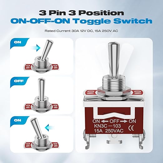 3 Way Toggle Switch, Malictele ON-Off-ON 3 Pin 3 Position SPDT Marine DC12V 30A Heavy Duty Waterproof Toggle Switch with Boot Cap Cover for Car Auto Truck Boat-3Pack