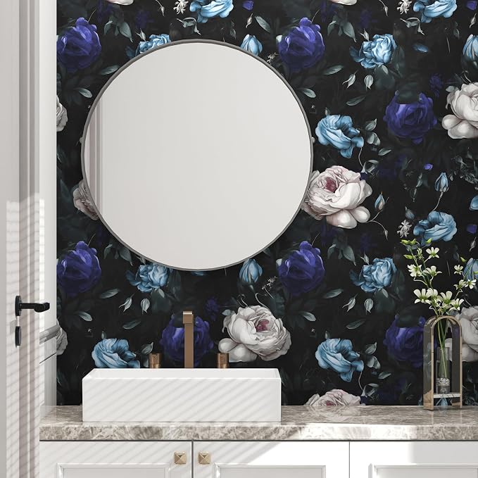 Gothic Dark Blue Rose Floral Wallpaper Peel and Stick 17.5"x393" | Self Adhesive/Removable/Waterproof/Thick Vinyl Vintage Contact Paper for Bathroom Bedroom Shelf Cabinet Drawer,Prepasted