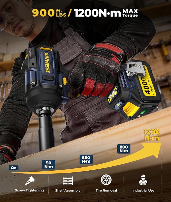 JESIMAIK Cordless Impact Wrench 1200N (900Ft-lbs) 1/2'' High Torque Impact Wrench with 2×4.0Ah Batteries, Impact Gun with 4impact modes & 5 Sockets & Case for Car, Truck, Mower