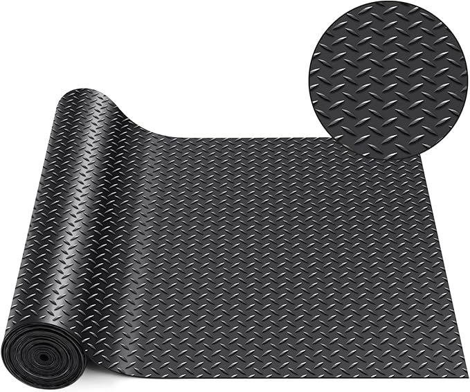 Breling 16 in x 32.8 ft Rubber Flooring Rolls Mats, Heavy Duty Diamond Plate Garage Floor Mat, PVC Water/Stain Outside Resistant Parking Rv Trailer Flooring(Black)