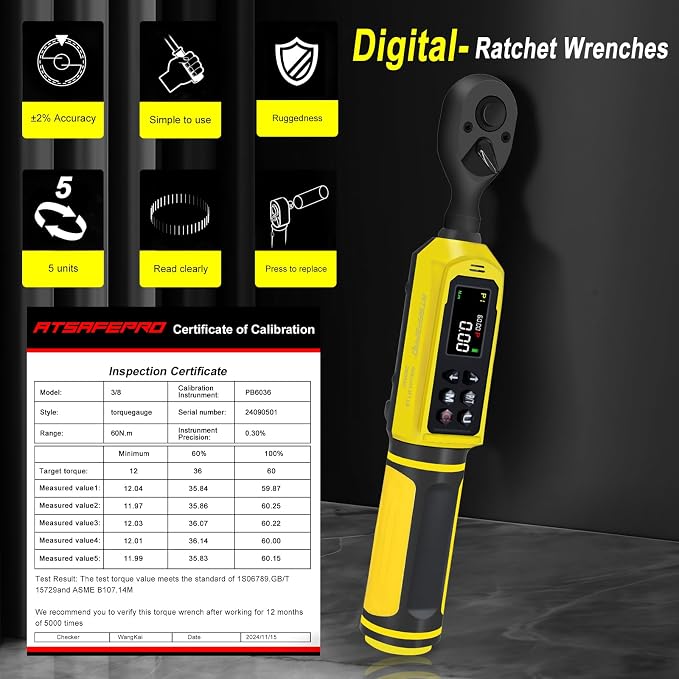 3/8-Inch Digital Drive Torque Wrench-1-60Nm (1-44 ft-lb),High-Precision Torque Wrench with Buzzer, LED Flash, 5 Units, for Motorcycle & Home Repairs