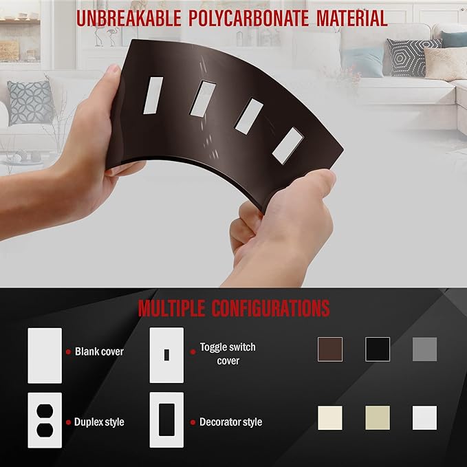ENERLITES Screwless Quadruple Toggle Switch Wall Plate, Child Safe Light Switch Cover, Standard Size 4-Gang 4.68" x 8.38", Unbreakable Polycarbonate Thermoplastic, UL Listed, SI8814-BR, Glossy, Browm