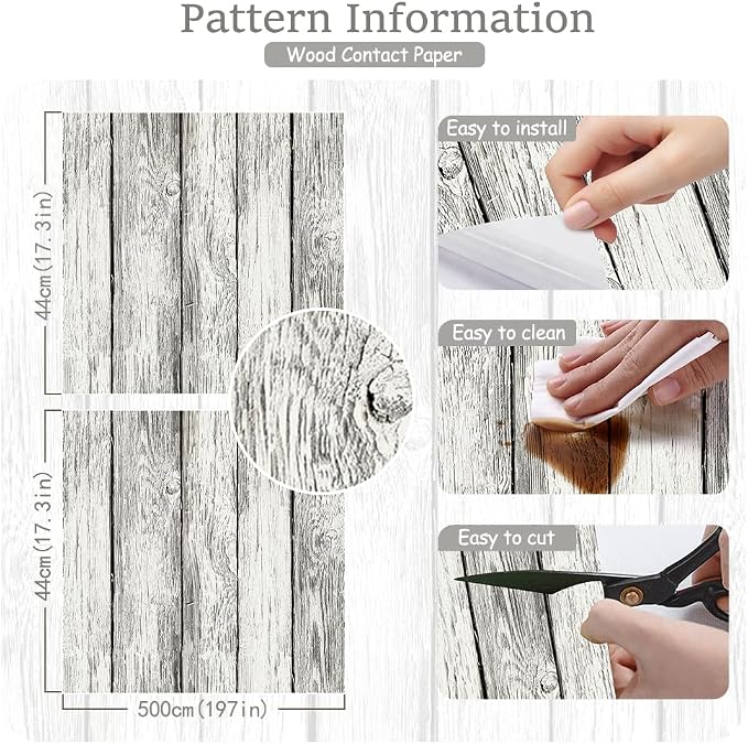 White Grey Wood Wallpaper Vintage 17.3"x197" White Wood Contact Paper Peel and Stick Wallpaper Wood Plank Film Self Adhesive Removable Wall Paper Shiplap Wood Grain Contact Paper for Cabinets Vinyl