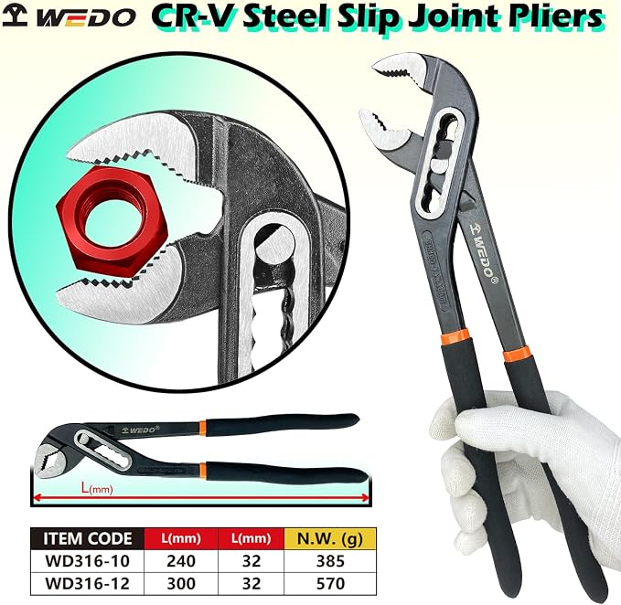 WEDO 2 PCS Groove Joint Pliers Set,CR-V Steel,10" and 12" Slip Joint Pliers,Adjustable Water Pump Pliers,Die-forged, Heat Treatment,Perfect for Plumbing Repair and Basic Home Maintenance