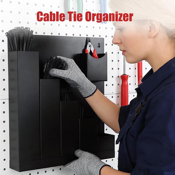 Cable Zip Tie Organizer, Wall Mount Zip Tie Holder, Including 250Pcs Black Zip Ties Assorted Sizes (4”+6”+8”+12”+14”) and 1 Zip Tie Cutter