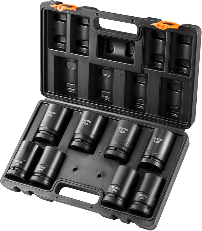 VEVOR 1" Drive Impact Socket Set, 8 Piece Deep Socket Set Metric 27-41mm, 6 Point Cr-Mo Alloy Steel for Auto Repair, Easy-to-Read Size Markings, Rugged Construction, Includes Storage Case