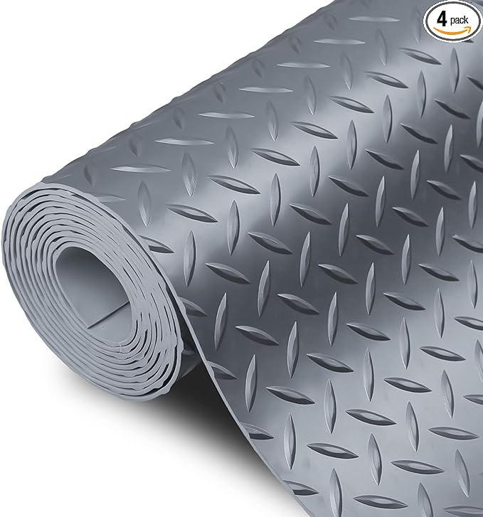 SEAL 4 x 10 Ft Premium Garage Floor Mat, Solid 2.8mm Thick Lay-Flat Gray Commercial Grade Heavy Duty Parking Mat for Garage Floor, Golf Cart, Water/Stain Resistant Runner (Embossed Diamond Plate)
