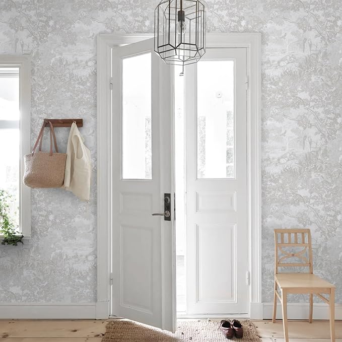 Ismoon Gray Peel and Stick Wallpaper Neutral Wall Paper 17.3in×6.56ft Vintage Removable Self-Adhesive Wallpaper Animals Jungle Contact Paper for Cabinets Bathroom Walls Covering Vinyl Roll