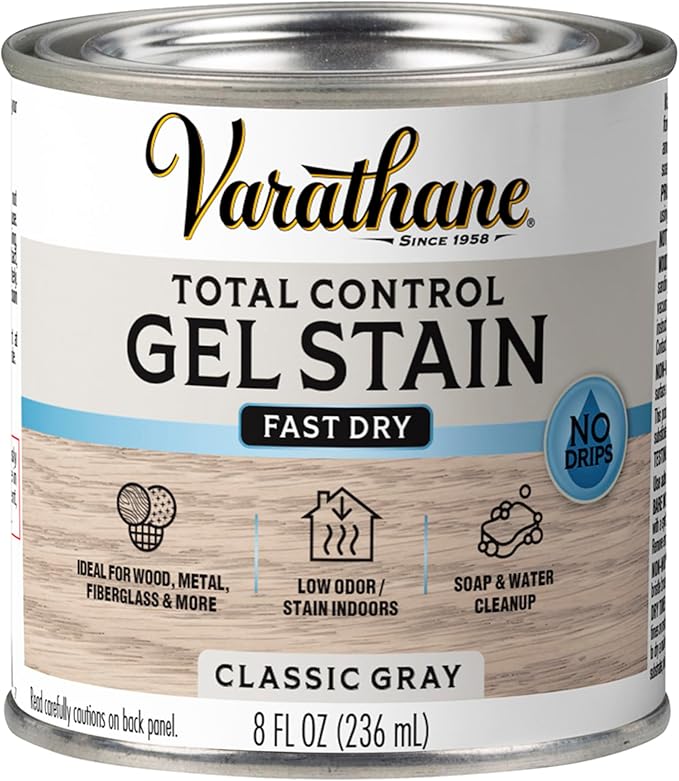 Varathane Total Control Gel Stain | Low Odor Water-Based Formula | Thick Gel Formula for Vertical Surfaces | Ideal for Wood, Metal & Fiberglass | Half Pint | Classic Gray
