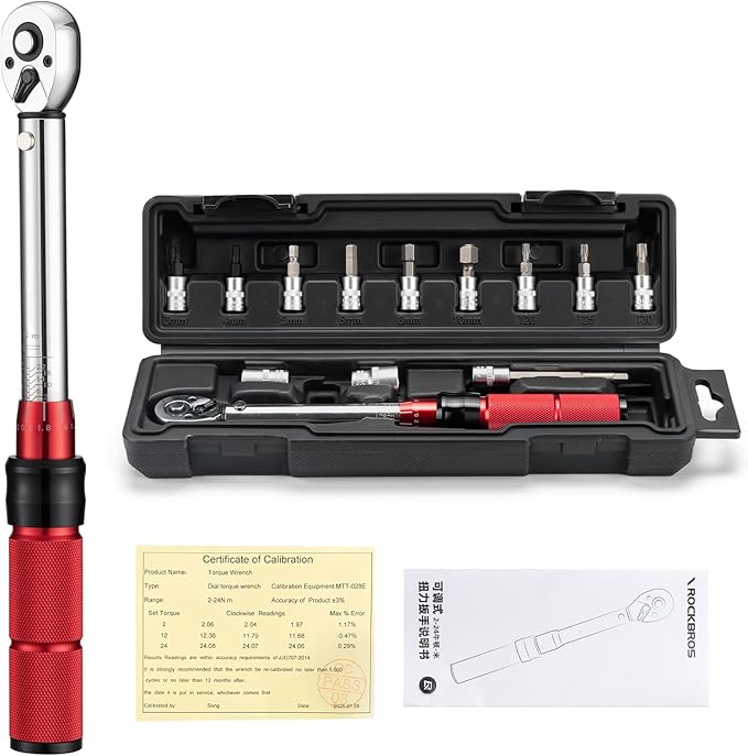 ROCKBROS Bike Torque Wrench 1/4 Inch 13-Piece Kit | 72-Tooth Gear, 2 to 24 Nm / 17.7~212.42 in-lb, Dual-Direction Click Type, 0.2 Nm/0.5° Micro-Adjustment Bike,E-Bike,Motorcycle