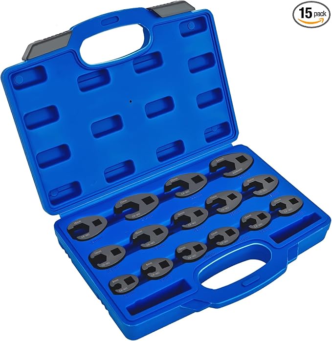SIXIWANZI Crows Foot Wrench Set, Metric Flare Nut 8-24mm, 3/8" & 1/2" Drive | 15pc Cr-Mo steel, open-end slim head tight spaces, brake fuel hydraulic line, fits ratchet breaker torque wrench, marked case