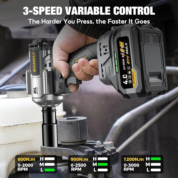 Cordless Impact Wrench 1/2", 900 Ft-Lbs(1200N.m), 2x4.0Ah Batteries | 21V Brushless High Torque Impact Gun, 3-Speed Control, 5 Sockets for Car Tires, Trucks, Stubborn Lug Nuts, Heavy-Duty Repairs