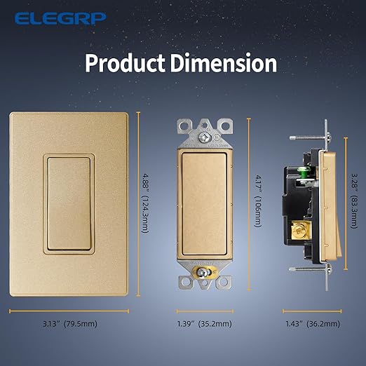 ELEGRP Matte Champagne Gold 3 Way Decorator Light Switch, 15A 120-277V, Paddle Rocker Switch Replacement, On/Off Wall Switch, Self-Grounding, Residential Grade, with Mid Wall Plate, UL/CUL, 10 Pack