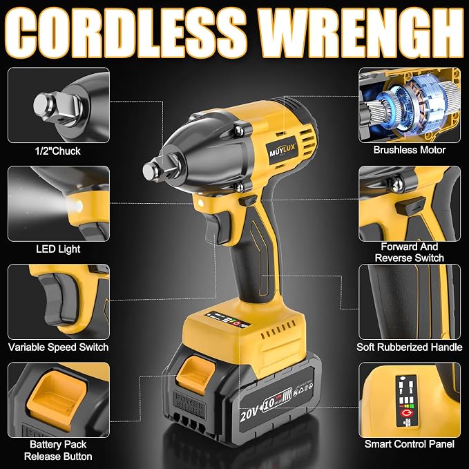 4.0Ah Battery Cordless Impact Wrench, Brushless 1/2 Impact Gun, 320Ft-lbs(430N.m) 20V High Torque Power Impact Driver, Electric Impact for Car Home