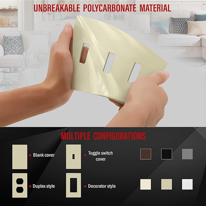 ENERLITES Screwless Triple Toggle Switch Wall Plate, Child Safe Light Switch Cover, Standard Size 3-Gang 4.68" x 6.53", Unbreakable Polycarbonate Thermoplastic, UL Listed, SI8813-I, Glossy, Ivory