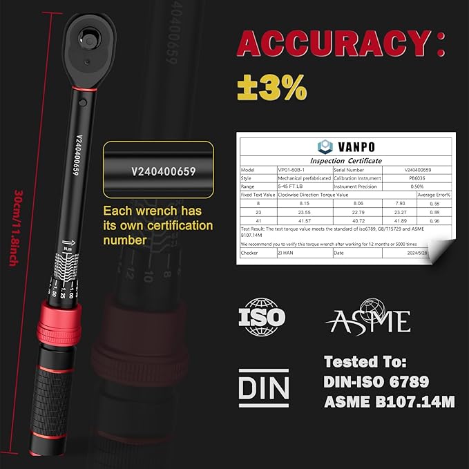 VANPO Torque Wrench 3/8-inch Drive 5-45 Ft-Lb for Spark Plugs,±3% Accuracy | Click Style, 6.8-61Nm, Dual-Direction, 72 Tooth, Aluminum Adjustable Torque Wrench for Bike, Motorcycle & Engine Repair