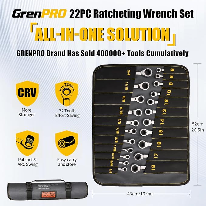 GRENPRO 22PC Ratcheting Wrench Set SAE&Metric Combination Open End Wrenches | 1/4"-3/4"&6-18mm Ratchet Wrenches, Gauge CR-V 72-Tooth 5° Swing 12Pt Mechanic Tools Sets, Roll Pouch for Auto & Home Repair