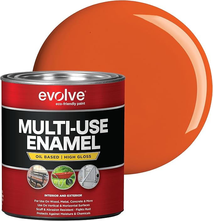 EVOLVE Multi-Purpose Alkyd Enamel – Interior Exterior Oil-Based Paint for Wood, Metal, Concrete, & Masonry, High-Gloss, Rust & Abrasion Resistant (Safety Orange, 1 Quart)
