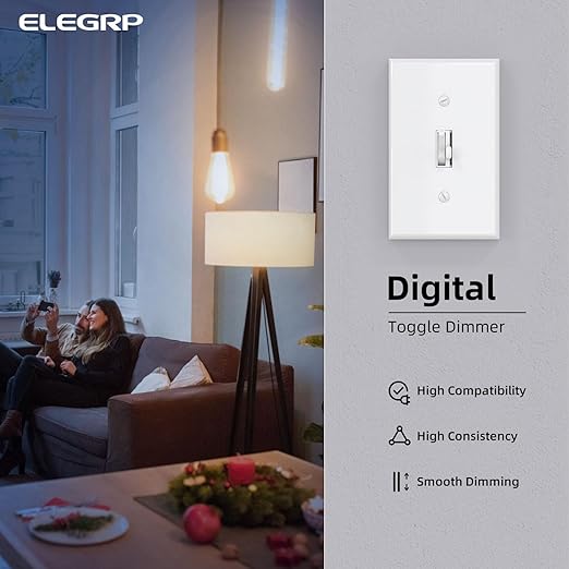 ELEGRP Digital Toggle Dimmer Switch for Dimmable LED, CFL and Incandescent Light Bulbs, Single Pole or 3-Way Toggle LED Dimmer Light Switch, Wall Plate Included, UL Listed, 1 Pack, White