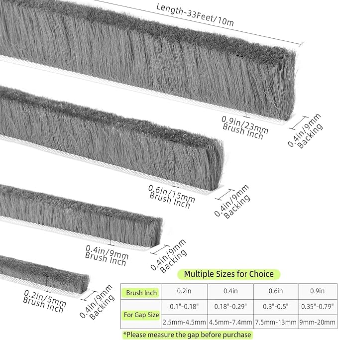 ZOMPAGO Strong Adhesive Brush Weather Stripping 0.4in (T）x 0.4in (W) x 33FT, Grey, Door Seal for Sliding Windows & Doors, Soundproof Noise Blocker, Draft Stopper for Garage Door Frame & Exterior Doors