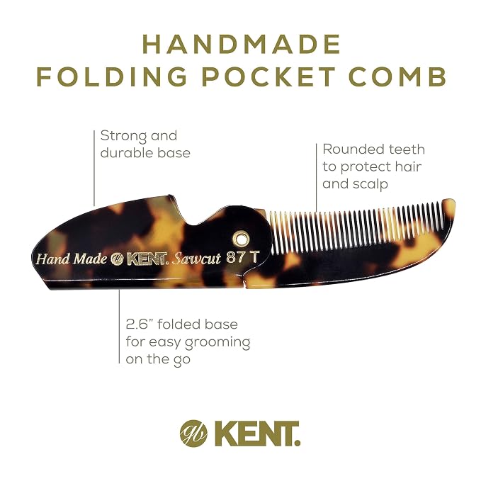 Kent 87T TY Handmade Folding Pocket Comb for Men, Fine Tooth Hair Comb Straightener for Everyday Grooming Styling Hair, Beard or Mustache, Use Dry or with Balms, Saw Cut Hand Polished, Made in England