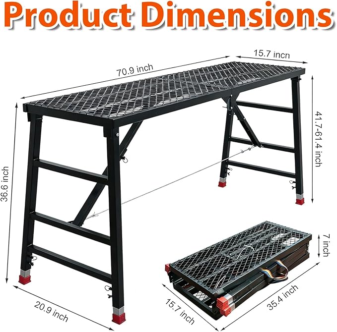 Foldable Scaffolding Platform, 70.9x15.8x35.8-61.4 Inch Heavy Duty Portable Work Platform with Adjustable Legs, 770 Lbs Capacity Platform Ladder for Stairs & Uneven Ground, Home Improvement