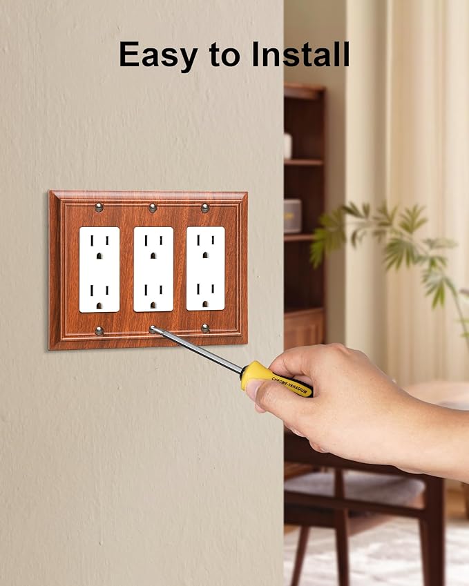 2-Pack Decorative Tripple Decorator Outlet Cover Plate, Durable Natural Bamboo Fiber Wood Grain Wall Plates for Electrical Outlets, Receptacle, GFCI Outlet, Dimmer Switch, 3-Gang, Corrosion Resistant